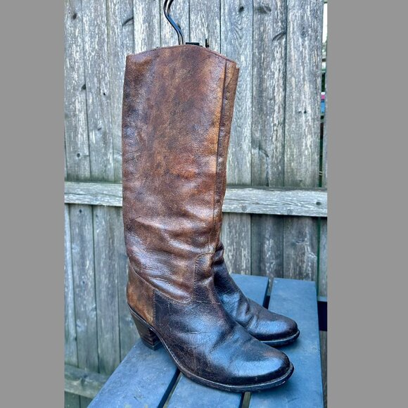 FRYE Riding Boots Distressed leather Vintage 8M brown western boots - Picture 1 of 4